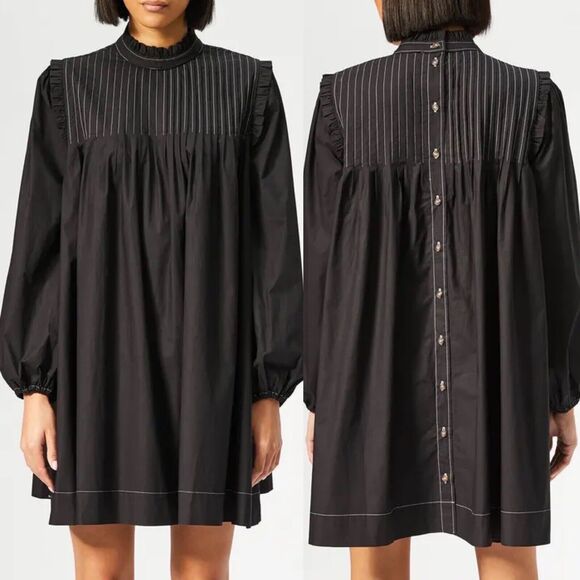 Ganni Women's Black Pintucked Cotton-Poplin Contrast Stitch Dress Size 36 Small - Picture 1 of 16